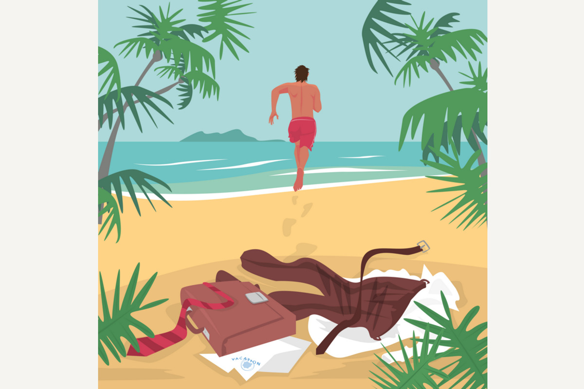 Man runs to sea leaving office suit, a Work Illustration by Alex and Aris