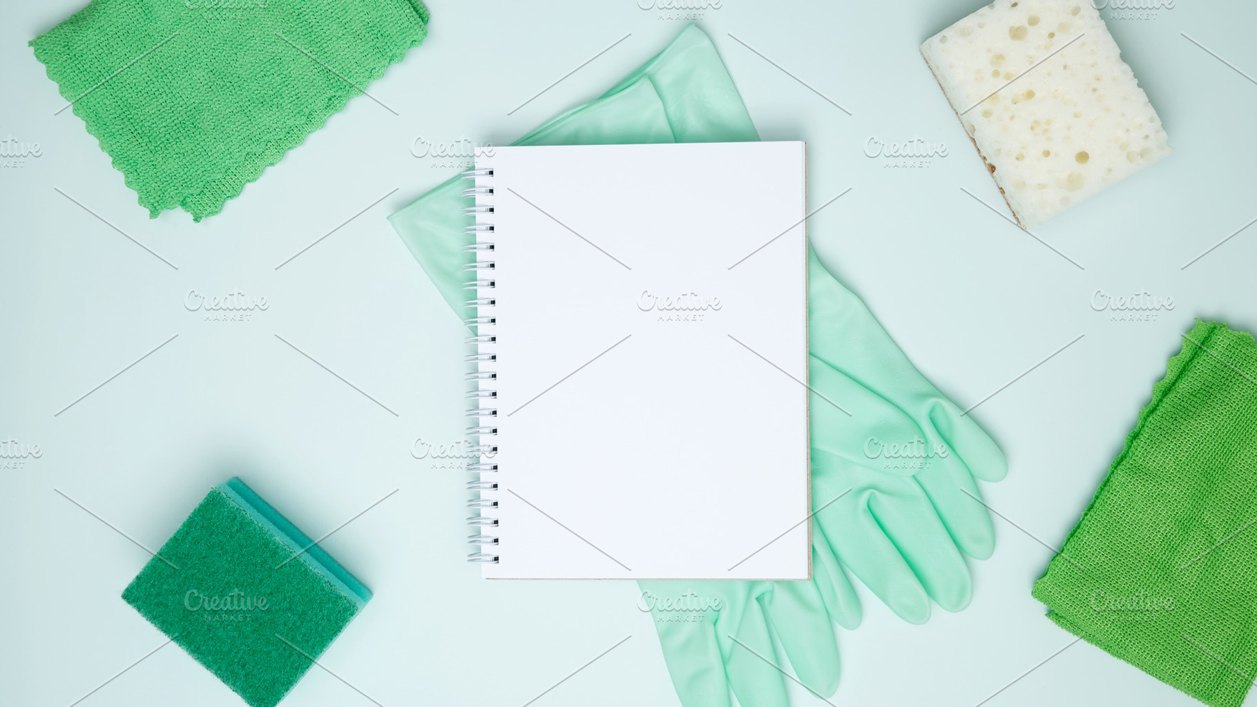Concept of cleanliness and hygiene. Cleaning supplies and tools, bottles, glove, a Photo by matucha