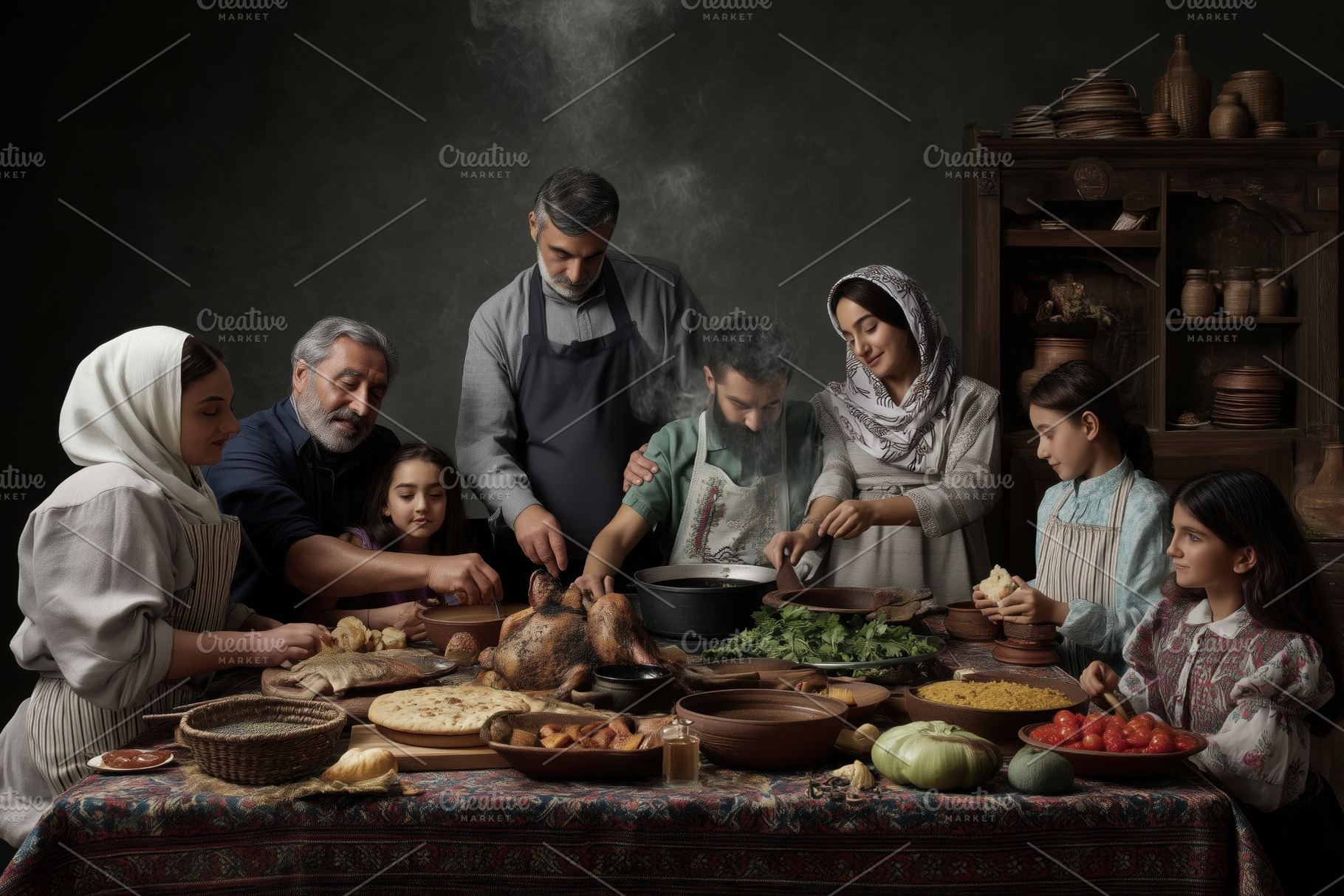 A family gathered around a table preparing traditional food, showcasing a rich, a Person Photo by Textures & Backgrounds