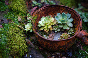 Rusty pot with succulents, a Photo by Beautiful things