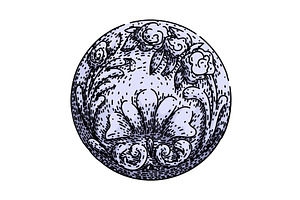 antique ornate metal button sketch, an Illustration by pikepicture