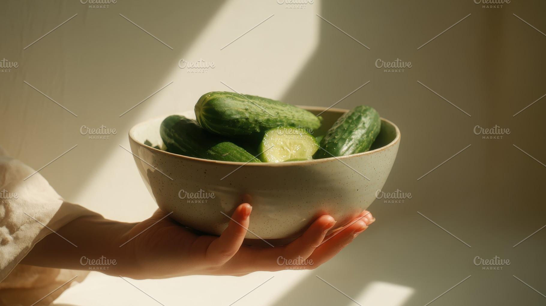 Handheld bowl of fresh cucumbers, a Photo by Beautiful things