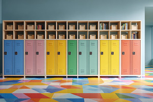Colorful lockers in a school hallway, a Photo by Beautiful things
