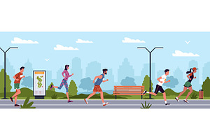 Marathon runners in city. Active
