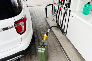 Car refueling at gas station with metal jerrycan and fuel pump, a Photo by AS photostudio