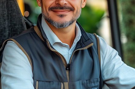 A smiling bus driver man in a cap and vest sitting in a vehicle, holding the st, a Person Photo by Textures & Backgrounds