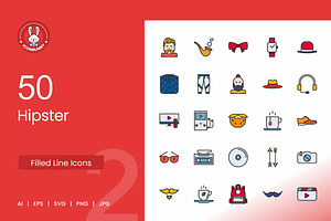 50 Hipster Filled Line Icons, an Icon by IconBunny