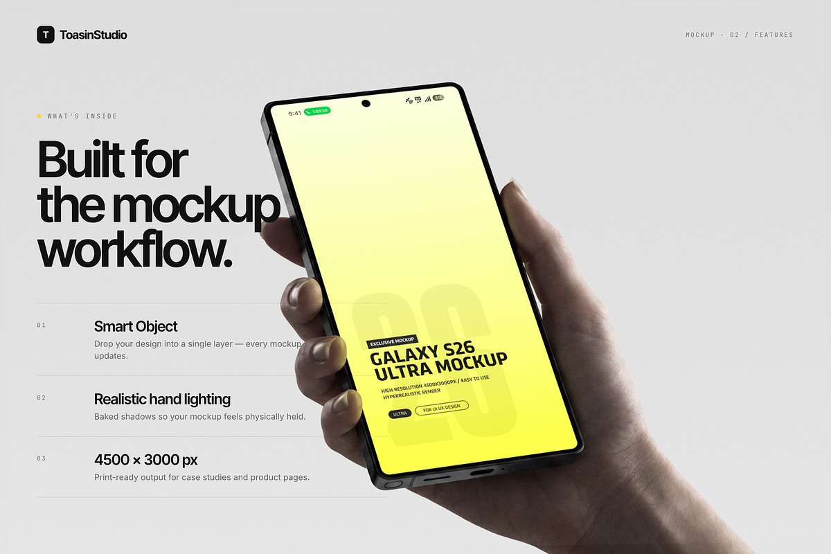 Hand Held Galaxy S26 Ultra Mockup, an Android Mockup by Toasin Studio (Photo 2 of 8)
