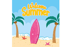 Welcome summer poster with surfboard, an Illustration by studioDK