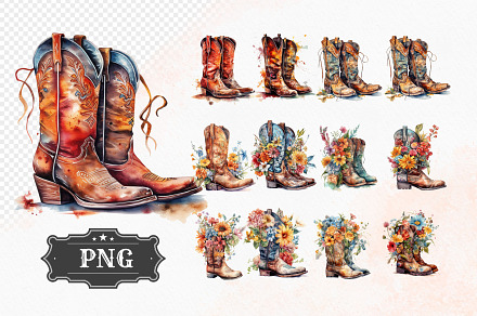 Western Flowers Boots Watercolor PNG, an Object Illustration by iloveTemplate