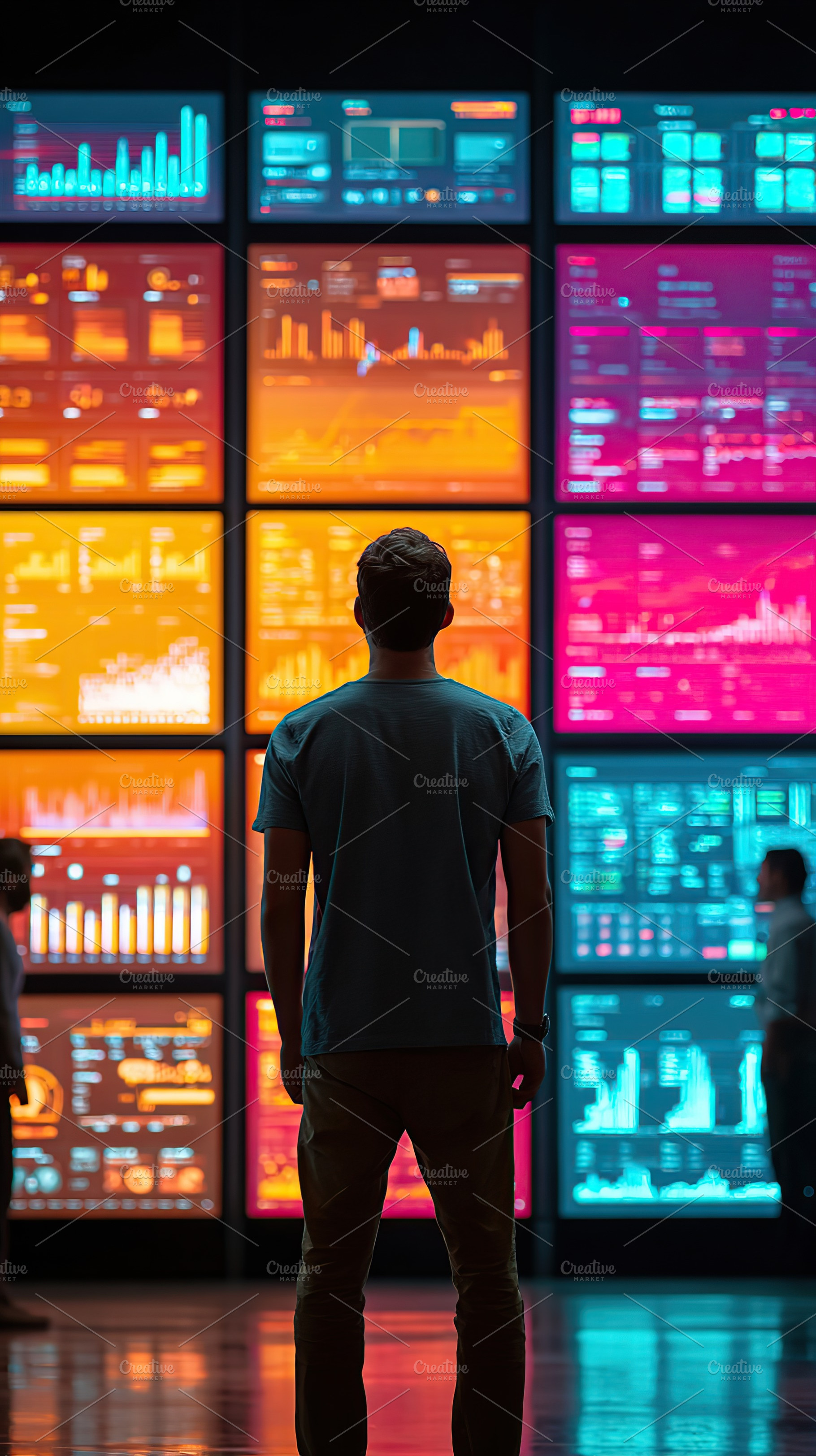 Individual observes colorful data displays in modern analysis hub during aftern, a Photo by AlyaAnd