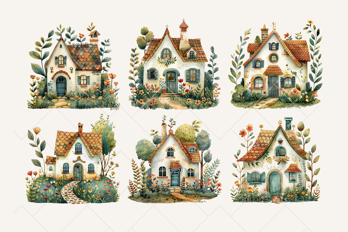 Folk Cottage Homes Clipart Set, an Object Illustration by The Twin Lakes Studio (Photo 3 of 10)