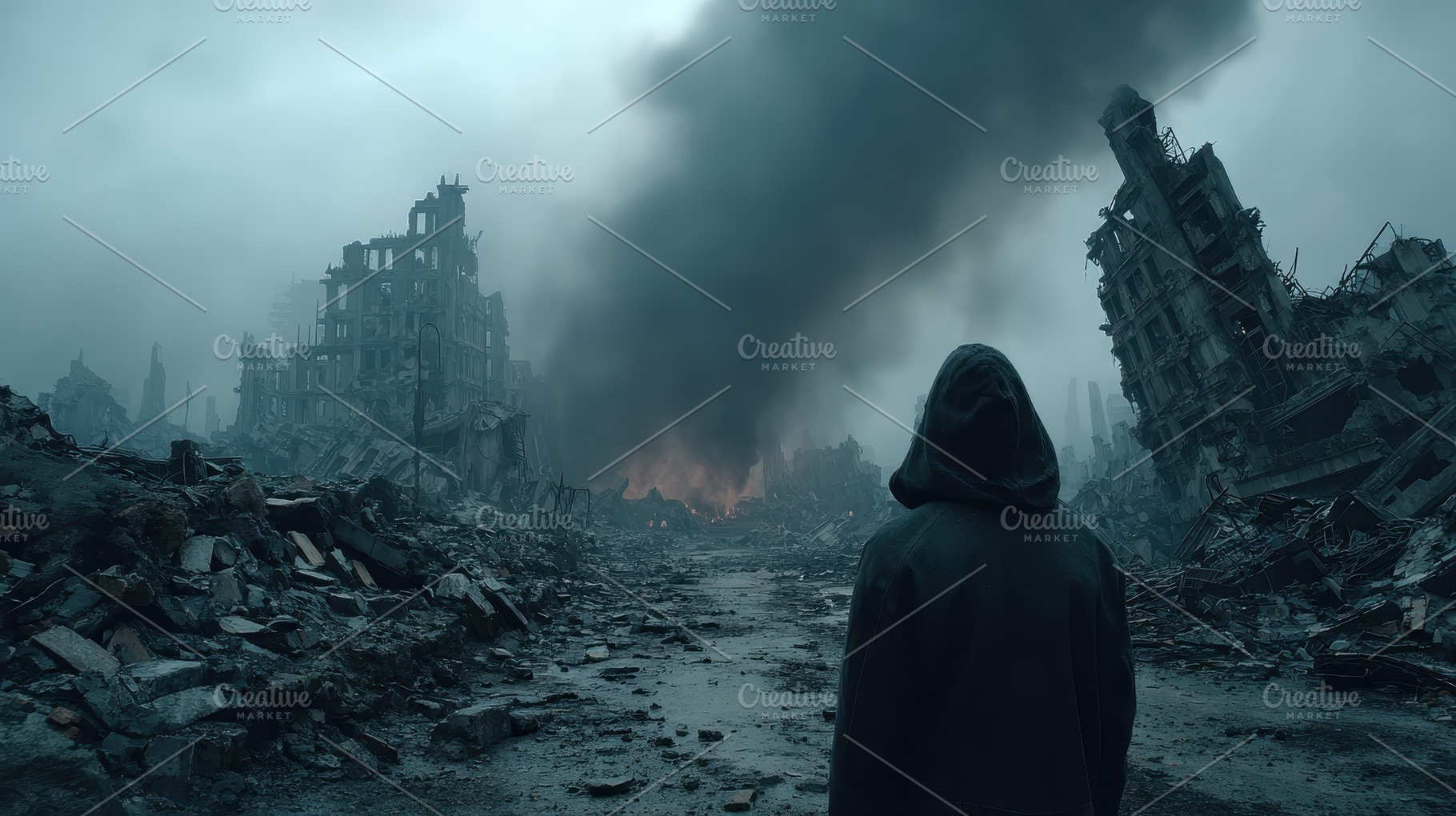 Hooded Figure in a Post Apocalyptic, a Photo by Pixeness Studio
