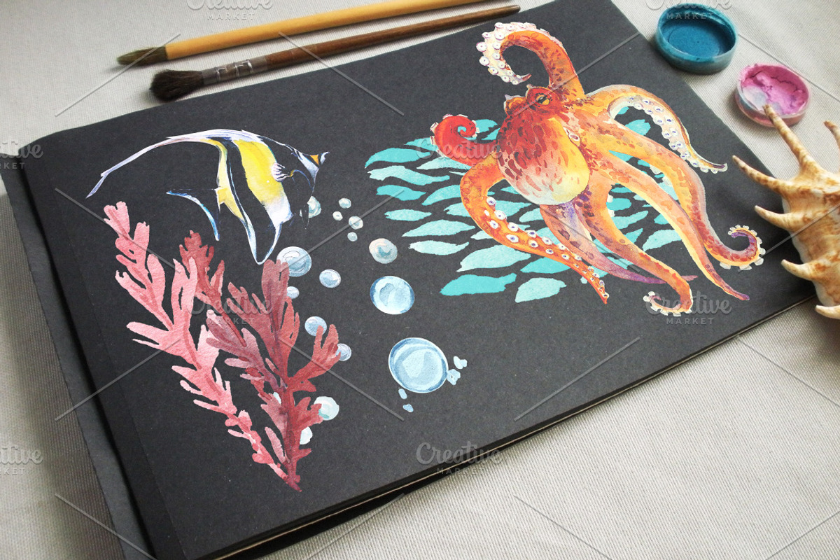 Diving watercolor set, a Texture Illustration by airdynamic (Photo 3 of 6)
