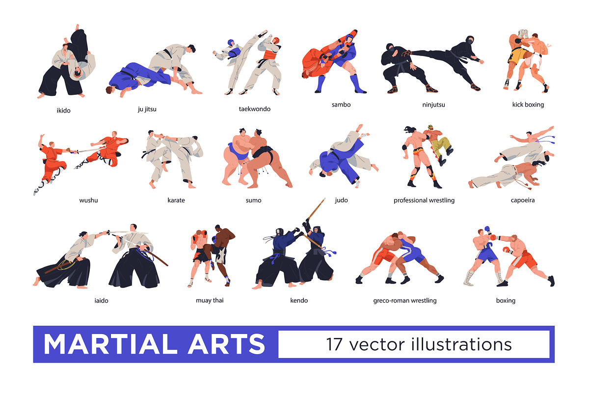 Fighters practicing martial arts set, a Sport Illustration by Good Studio (Photo 1 of 13)