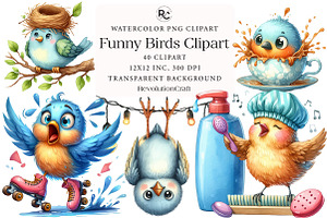 Watercolor Funny Birds Clipart, an Illustration by OK Design