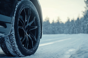 Car wheel with winter tire on snowy road, a Transportation Photo by AlyaAnd