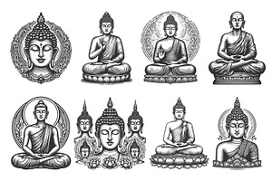 Buddha in meditative poses set, an Illustration by AlexArt