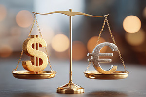 Gold balance scales with dollar and euro symbols, a Business Photo by AlyaAnd