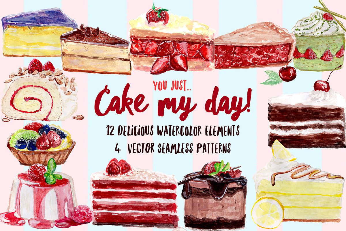Watercolor Cakes - Cake My Day!, an Illustration by clairedelune (Photo 1 of 6)