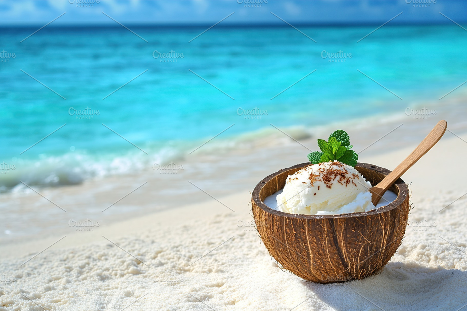 Coconut ice served in a shell at a serene beach under a clear blue sky, a Food & Drink Photo by AlyaAnd