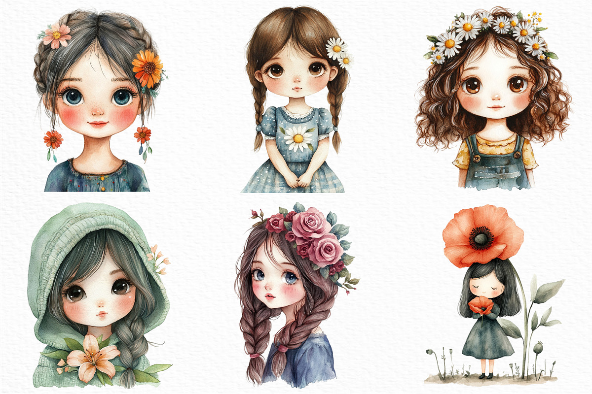 Cute Chibi Floral Girls Clipart, an Illustration by Craft Nest (Photo 2 of 6)