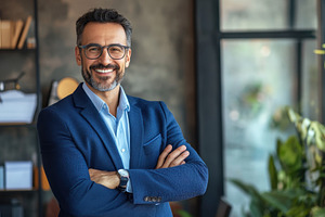 Confident executive in a blue suit, a Photo by Pavel_design