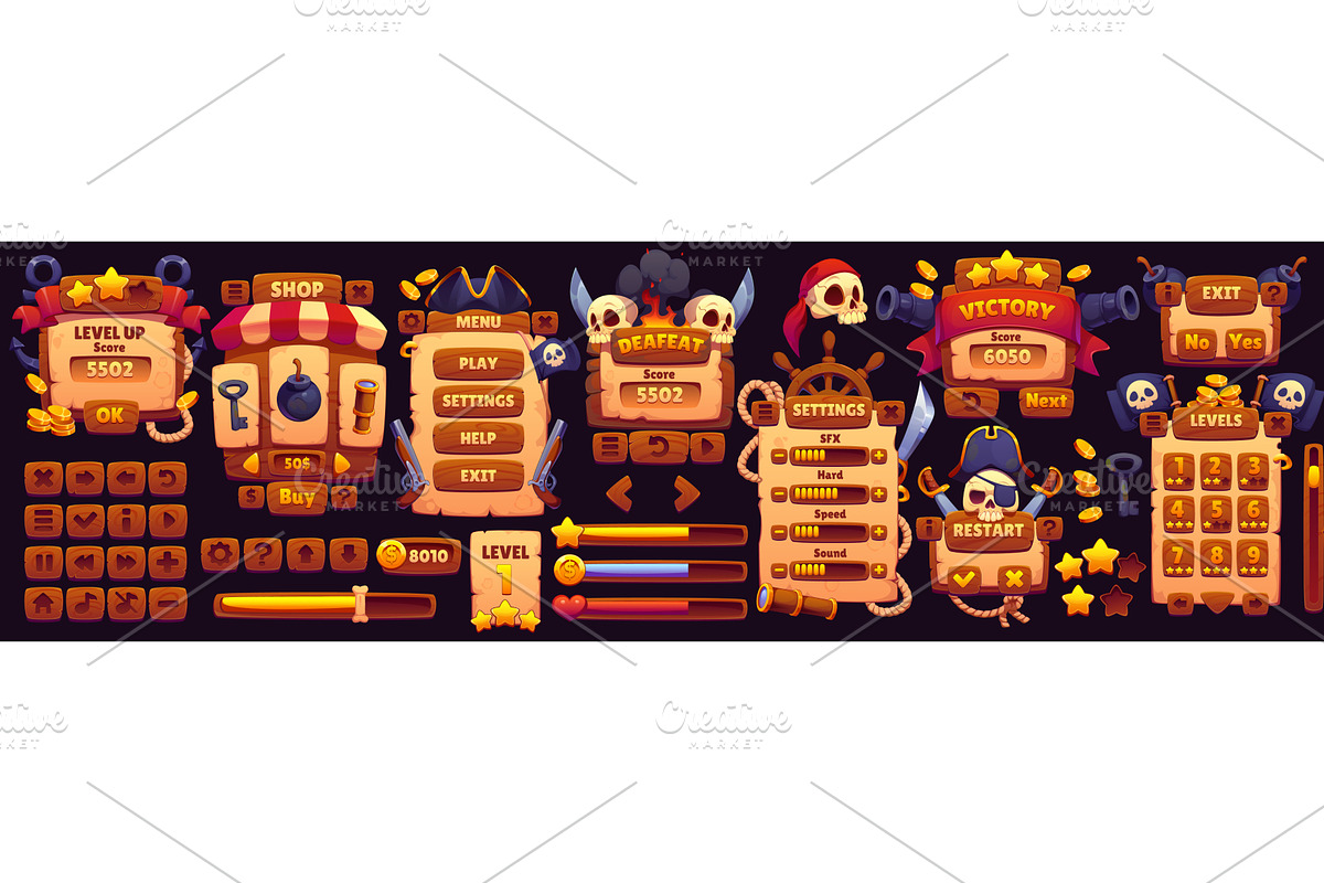 Pirate arcade game interface, a Technology Illustration by Vector Tradition