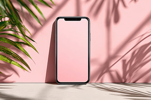 Modern smartphone with blank screen stands upright on a pink bac, an Abstract Photo by Ales Munt