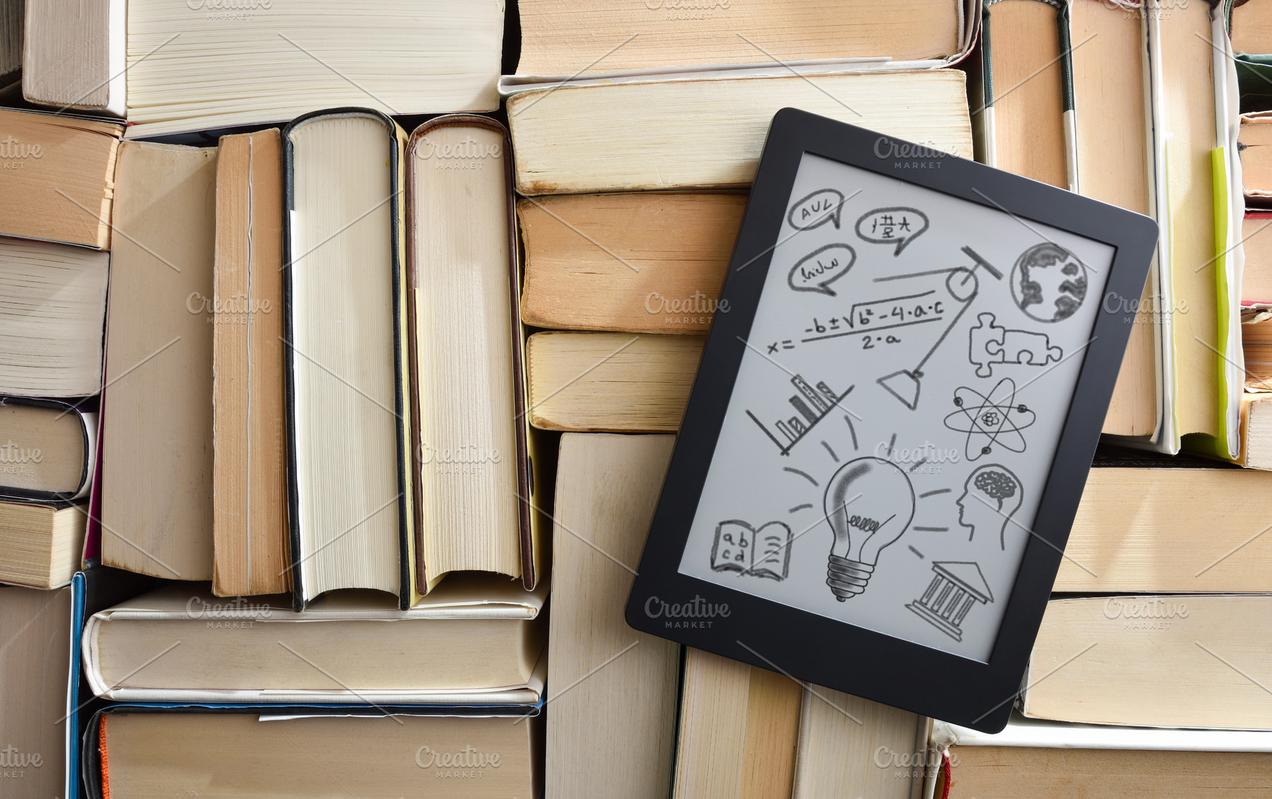 Digital tablet with drawings of school subjects on textbooks, a School & Education Photo by Davizro's Market