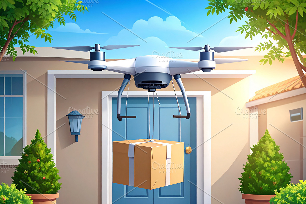 Drone hovers above a suburban door holding a small branded packa, a Technology Illustration by DanFLCreativo