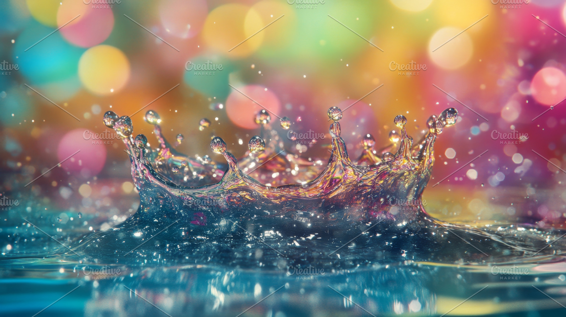 Vibrant Water Splash in Crown Shape with Colorful Bokeh, an Abstract Photo by Natalia Klenova's Shop