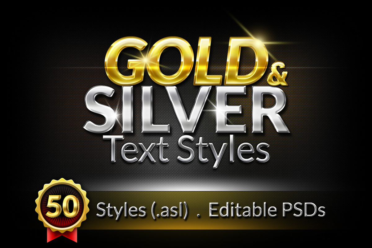 50 Gold & Silver Text Styles, a Layer Style Add-On by Graphicsfuel (Photo 1 of 3)