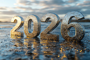 Frozen ice 2026 numbers on reflective surface at winter sunrise, a Background Photo by José Manuel Gelpi