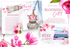 Watercolor Blooming City Clipart Set