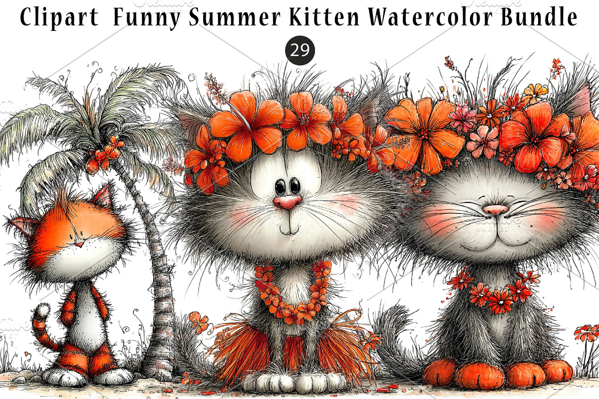 Funny Summer Kitten Watercolor, a Seasonal Illustration by CreationArt (Photo 1 of 4)