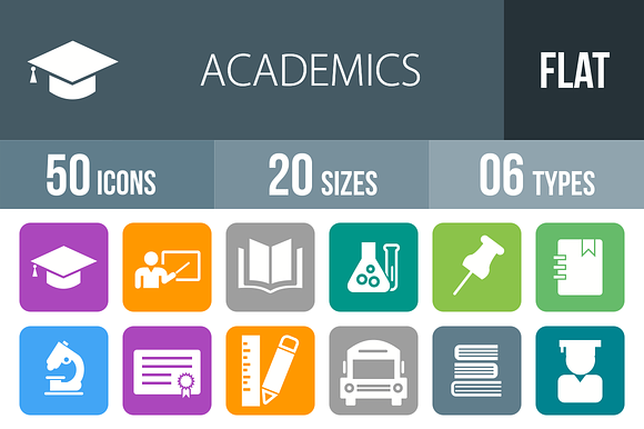 50 Academics Flat Round Corner Icons