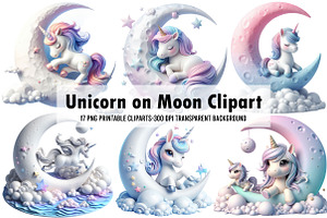 Unicorn on Moon Watercolor Clipart, an Object Illustration by Libby Wishes