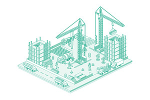Active construction site with cranes, an Illustration by Booblgum