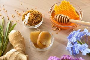 Natural painkillers and healing products such ginger honey and p, a Food & Drink Photo by Davizro's Market