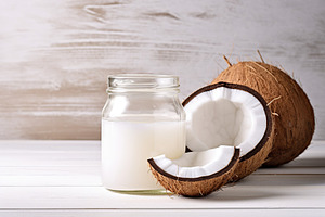 Coconut and coconut milk in glass jar on wooden background, a Food & Drink Photo by AlyaAnd
