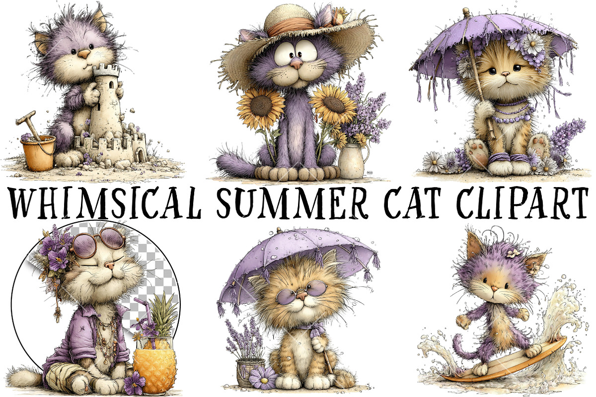 Whimsical Summer Cat Clipart, an Illustration by OK Design (Photo 2 of 6)