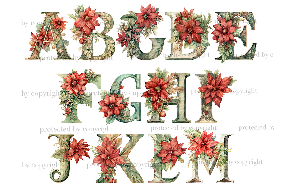 Poinsettia Alphabet | Christmas, a Seasonal Illustration by GlamArtZhanna (Photo 2 of 5)