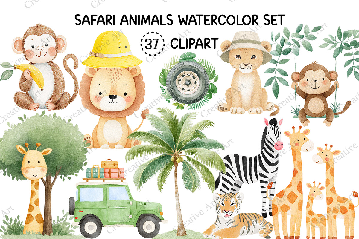 Safari Animals Watercolor Clipart, an Illustration by Creative Art (Photo 1 of 10)