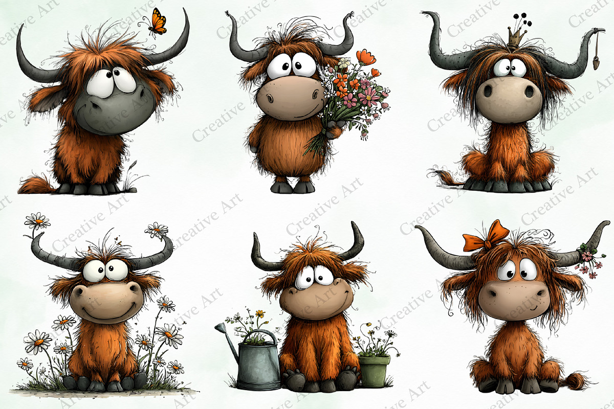 Whimsical Highland Cow Clipart, an Illustration by Creative Art (Photo 5 of 10)