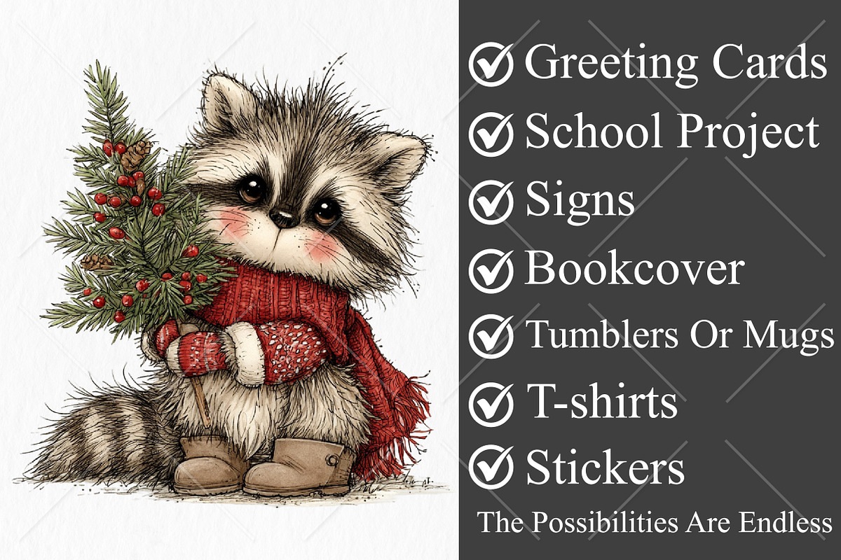 Whimsical Raccoons Christmas Clipart, a Seasonal Illustration by Canvas Craft (Photo 3 of 10)