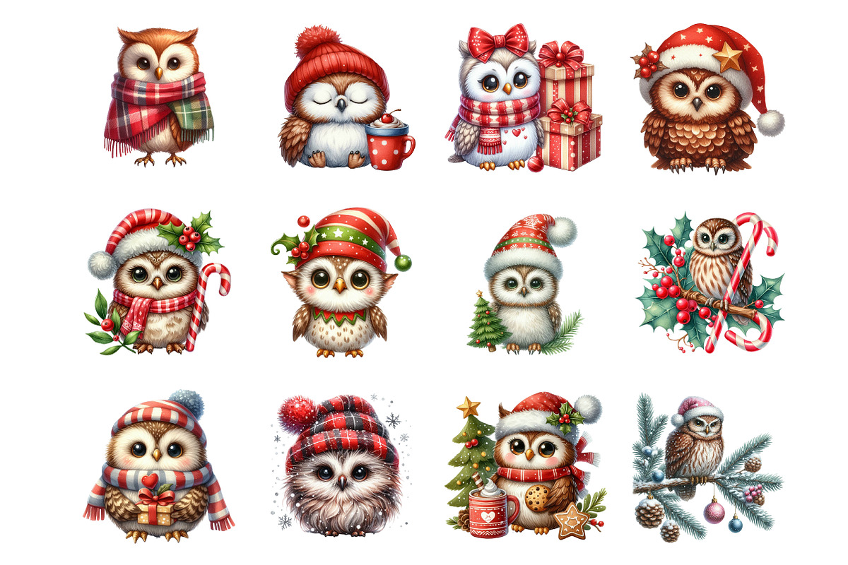 Christmas Owls Clip Art Bundle, an Illustration by SinaCreation (Photo 2 of 7)