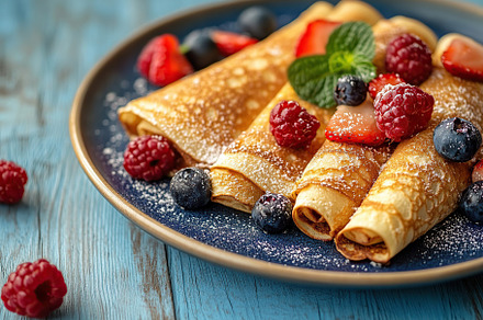 Delicious pancakes topped with fresh fruits and sweet syrup on a rustic blue ta, a Food & Drink Photo by AlyaAnd