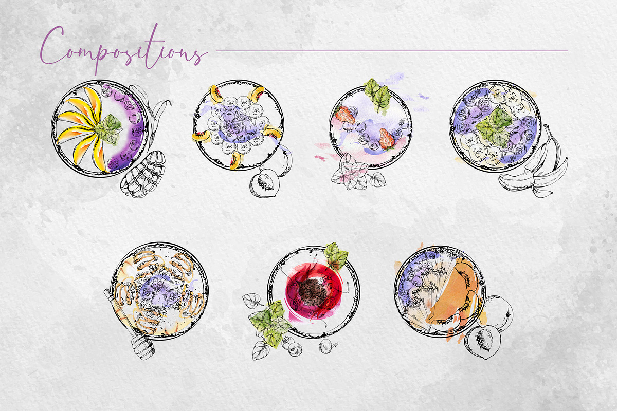 Smoothie bowls. Watercolor & ink art, a Food Illustration by MsFlaffy (Photo 7 of 19)