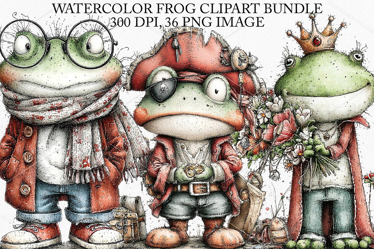 Watercolor Frog Clipart Bundle, an Illustration by Canvas Craft (Photo 1 of 7)